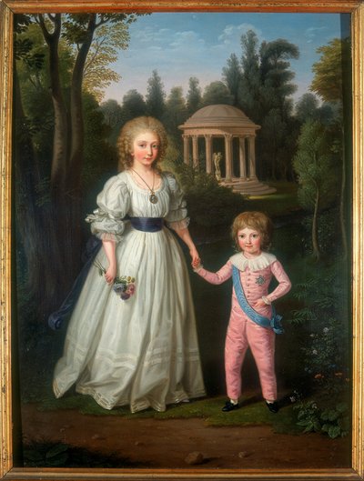 Retrato duplo, os filhos da rainha da França, Marie Antionette, ao ar livre de Ludwig Guttenbrunn